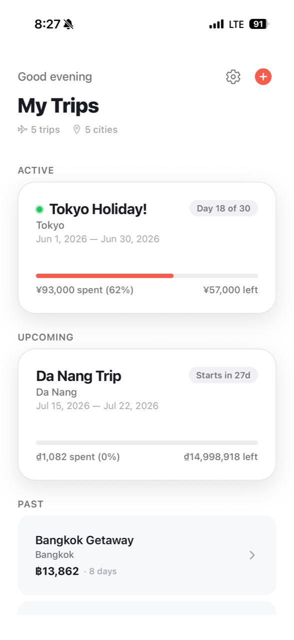 hobos 앱 영어 화면 — My Trips 목록