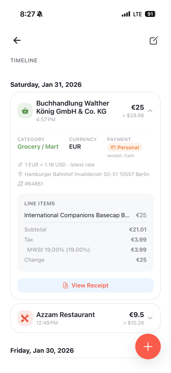 hobos app expense detail in English — category, currency, recorded exchange rate